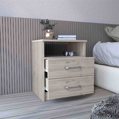 Modern Light Gray Solid Wood Two Drawers Nightstand End Table