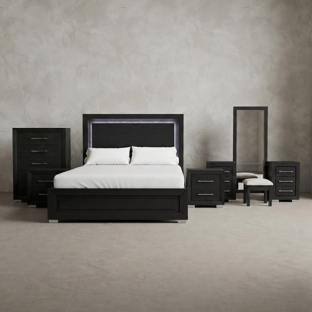 Furniture of America Alaric Modern Black Solid Wood 5-Piece Bedroom Set with 69-inch Makeup Vanity, Chest and 2 Nightstands