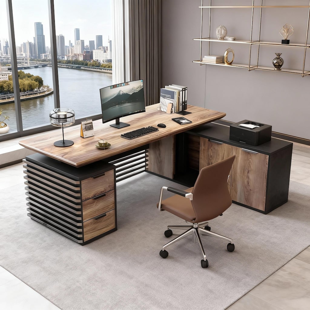 L-Shaped Executive Desk with Outlets File Cabinets 3 Drawers Custom Size & Color
