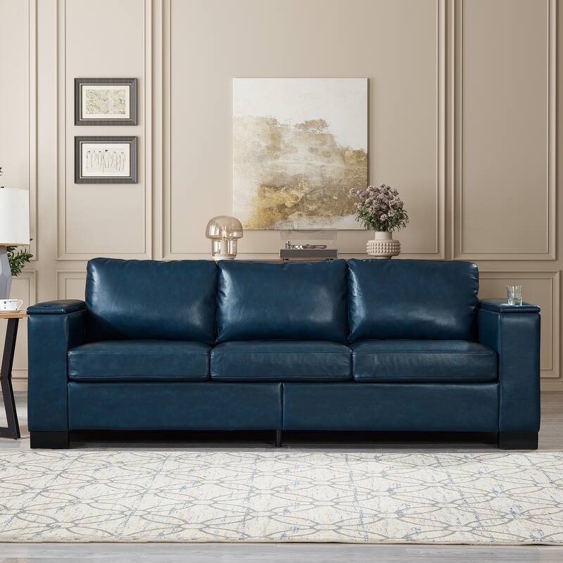 Faux Leather Upholstered Loveseat, Oversized 3 Seater Sofa with Square Arms, Deep Seat Sofa with Cup Holder & Storage