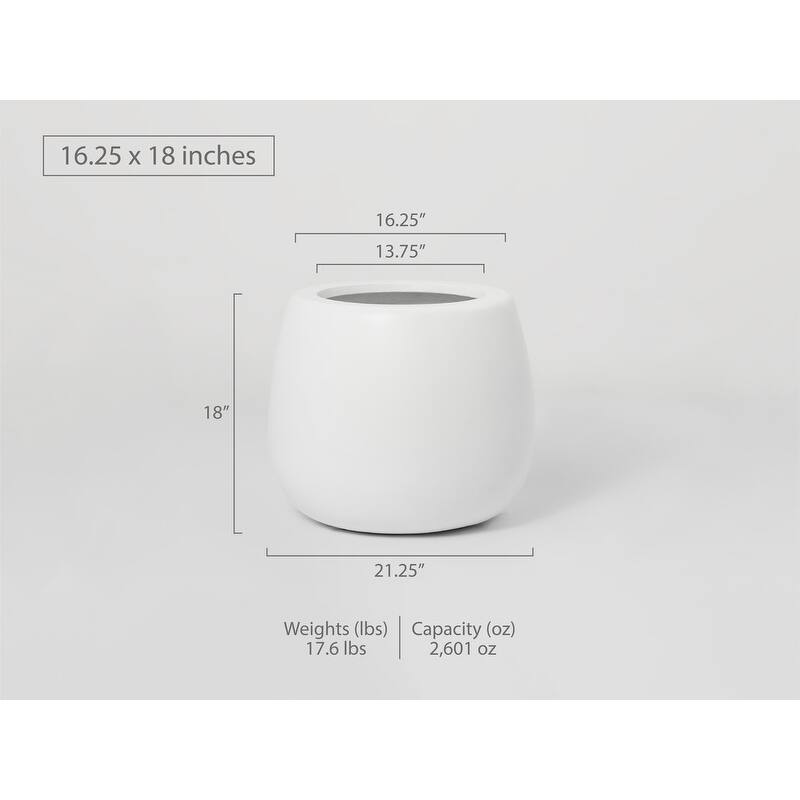 Short Narrow Mouth Globe 1- Piece Fiber Stone Round Planter Pot - 18 in. H x 16.25 in. W x 16.25 in. L - White