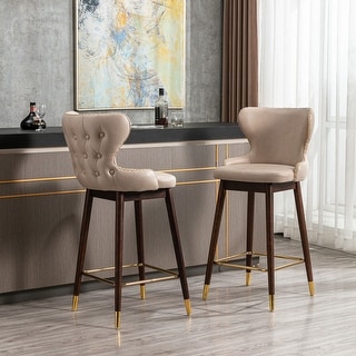 Modern Leather Fabric Bar Stool with Gold Nailheads & Solid Wood Legs ...