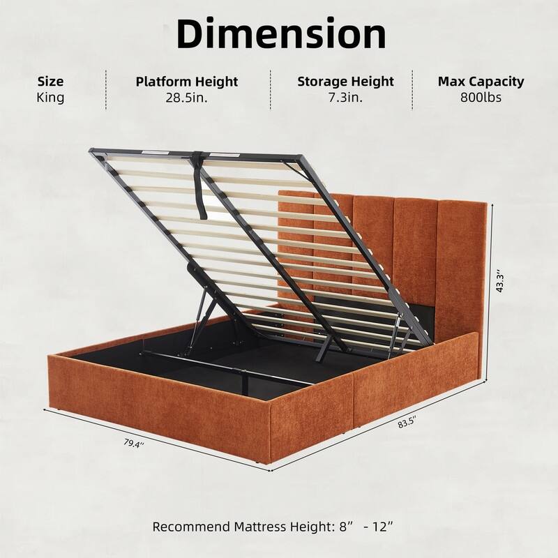 Modern Upholstered Lift-Up Storage Platform Bed with Headboard - Orange - King