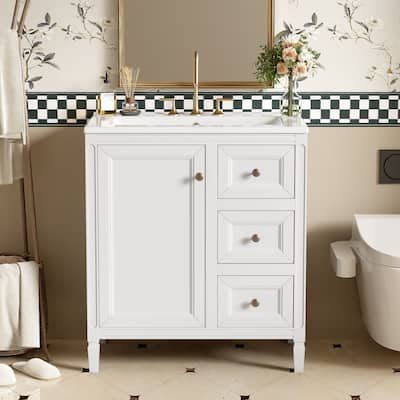 30 in. W Bathroom Vanity with White Ceramic Sink, Three Drawers and Door Shelf