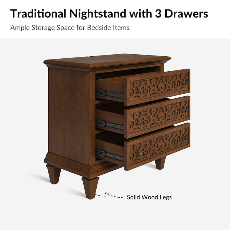 Vittorio Transitional 3 - Drawer Nightstand with Built-In Outlets Set of 2 by HULALA HOME