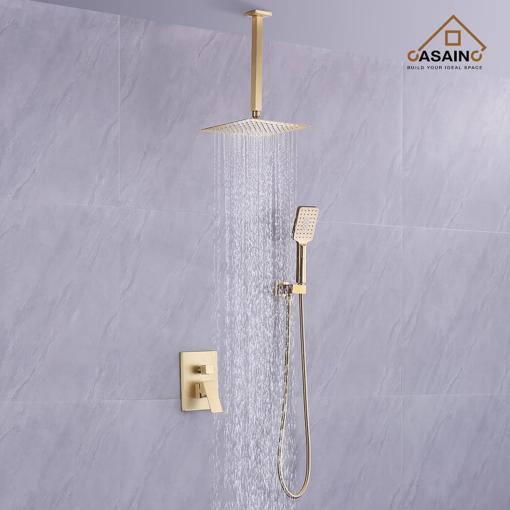 3-Spray Pattern 12 in. Ceiling Mount Shower System in Brushed Gold