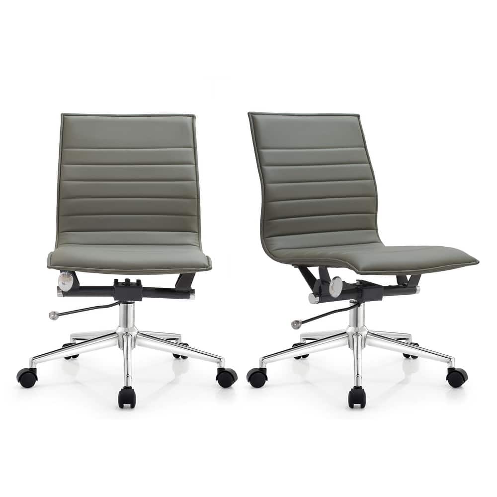 Set of 2 Modern Office Chairs | Upholstered PU Leather Ribbed Armless Mid Back with Metal Frame | Adjustable Height, Tilt