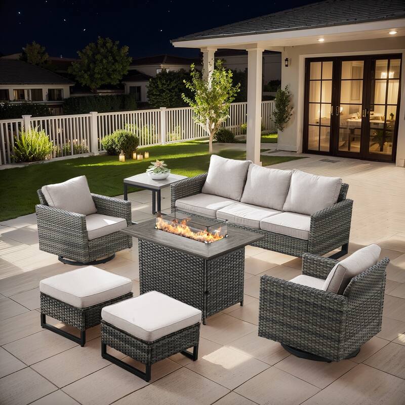 Outdoor Sofa Swivel Chairs Ottomans and Fire Pit Table - Grey - Beige