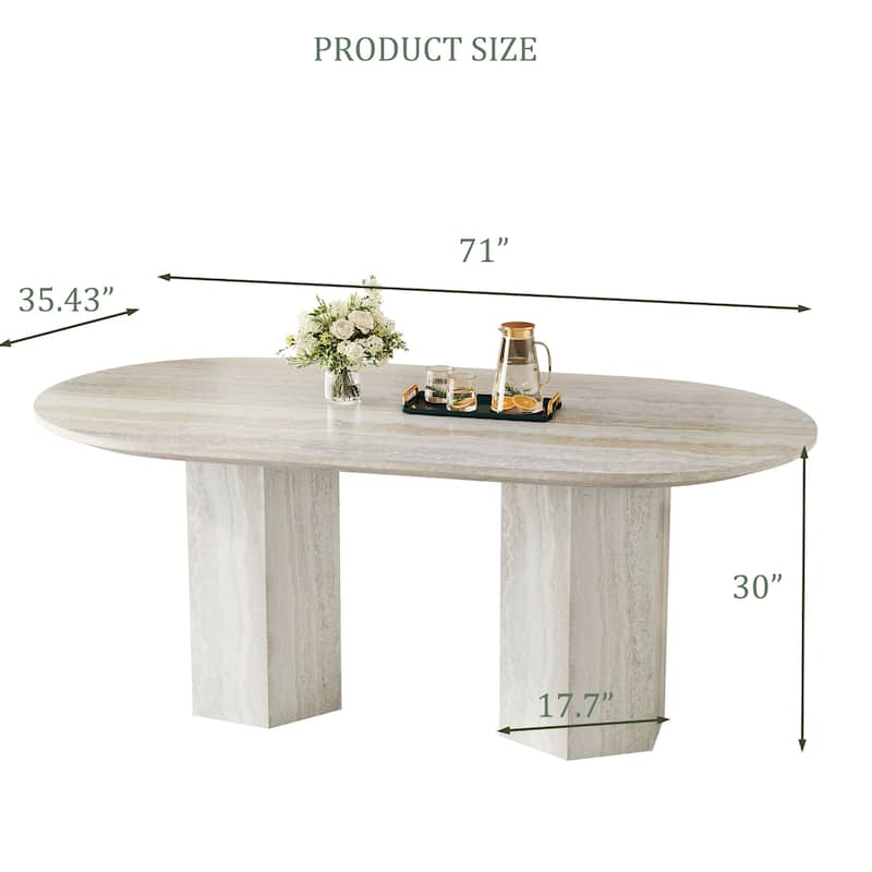71" Modern Oval Wood Dining Table For 6 With Travertine Texture, Beige Kitchen Table With Bouble Pedestal