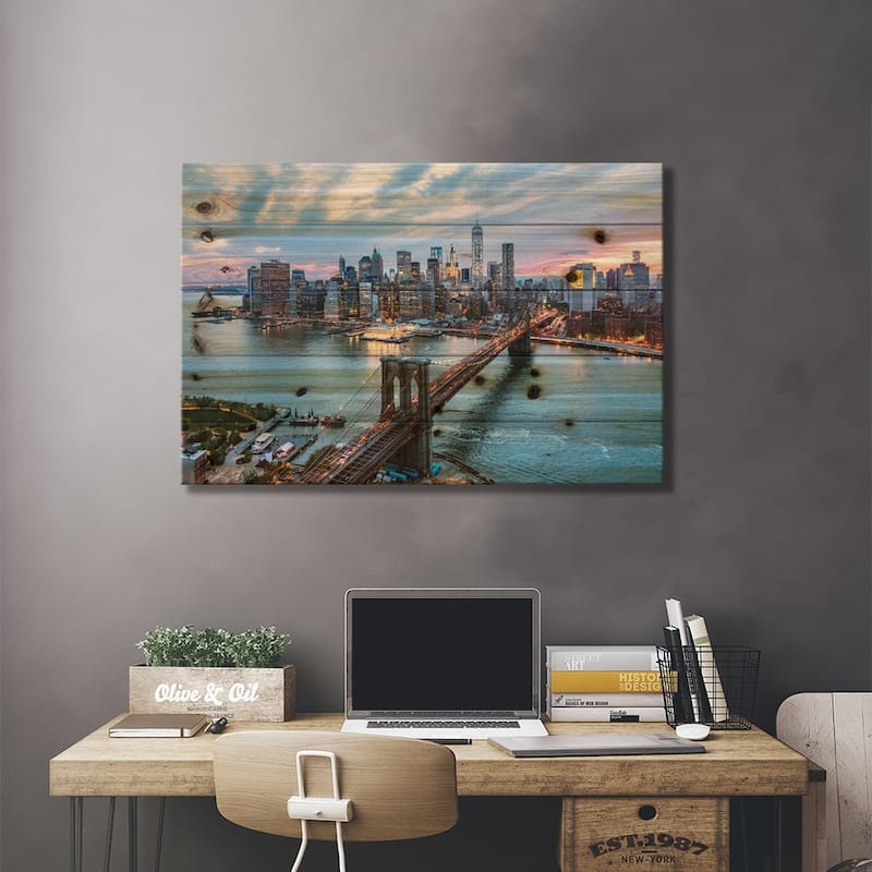 Brooklyn Bridge And Lower Manhattan Skyline, New York City, New York, USA Print On Wood by Matteo Colombo - Multi-Color