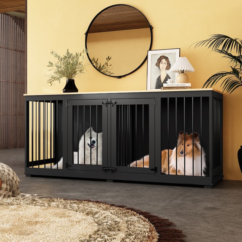 70.9" Large Double Wooden Dog Crate Furniture, Kennel with Dividers - Black+Wood