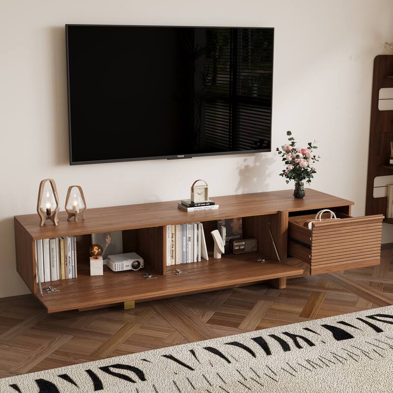 71" Modern Wooden TV Stand, Floor-Standing Media Console with Ribbed Storage and Gold Accents