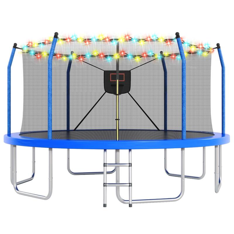 16FT Trampoline with Lights and Basketball Hoop, Outdoor Recreational 16" Trampoine for Kids and Adults