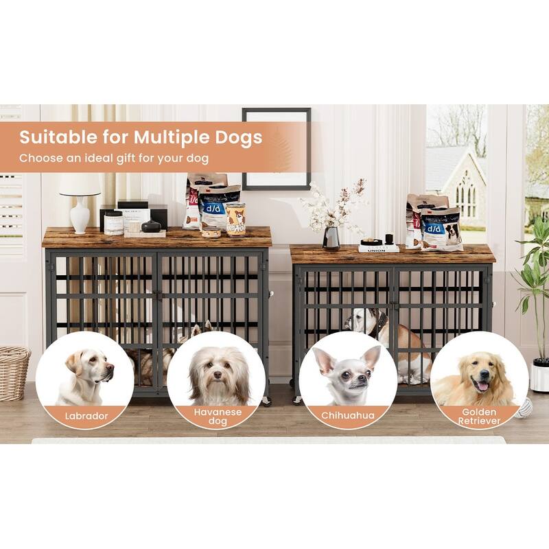 Decorative Pet House, Dog Crate Furniture with Iron Frame Door and wheels