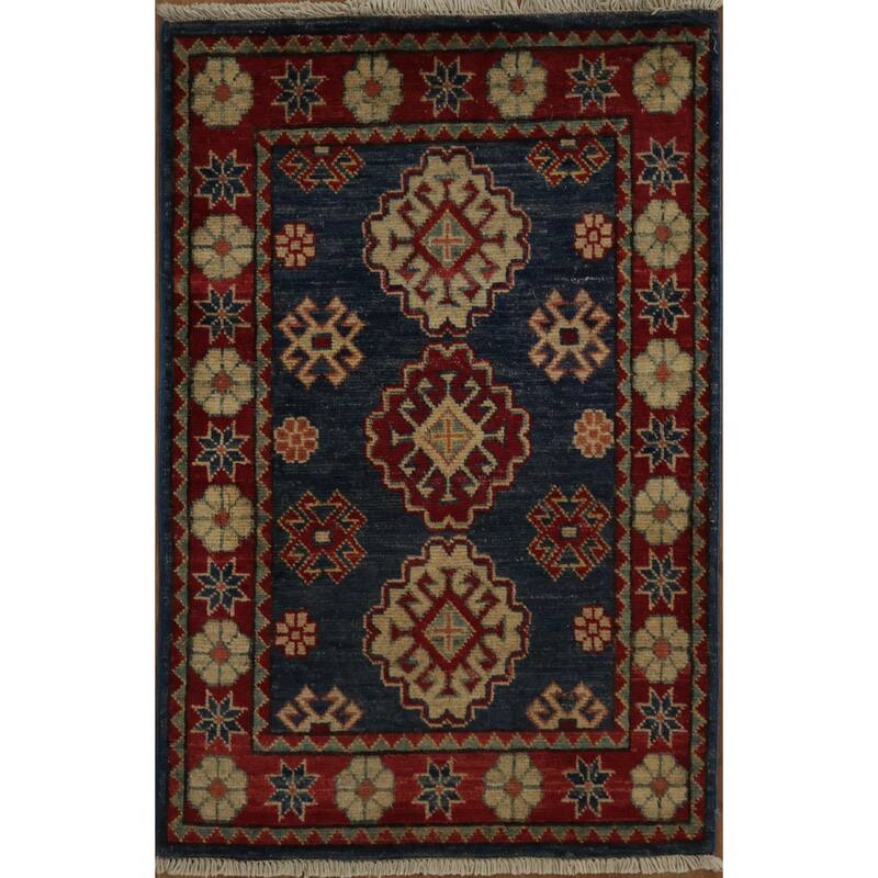 Hand Knotted Oriental 100% Wool Carpet Traditional Geometric Navy Blue & Blues Kazak Area Rug - 3' 1'' X 2' 1''