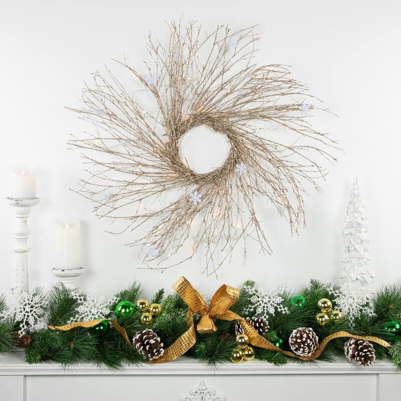 28" Champagne Glittered Artificial Twig Christmas Wreath white LED