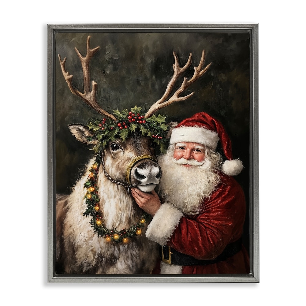 Stupell Santa & Reindeer Portrait Framed Floater Canvas Wall Art Design By Arlington Prints
