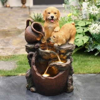 Puppy Friends Farmhouse Resin Outdoor Fountain with Lights