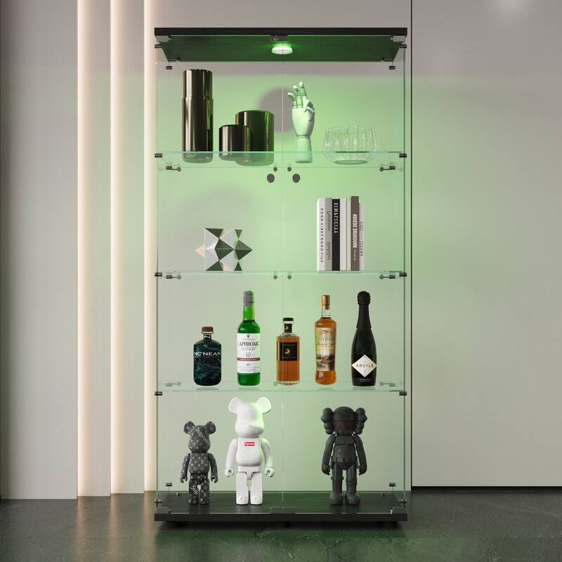 LED Lights Glass Display Cabinet w/2 Doors & 4 Tier Storage Shelves, Floor Standing Bookshelf Toy Collectibles Organizers Rack