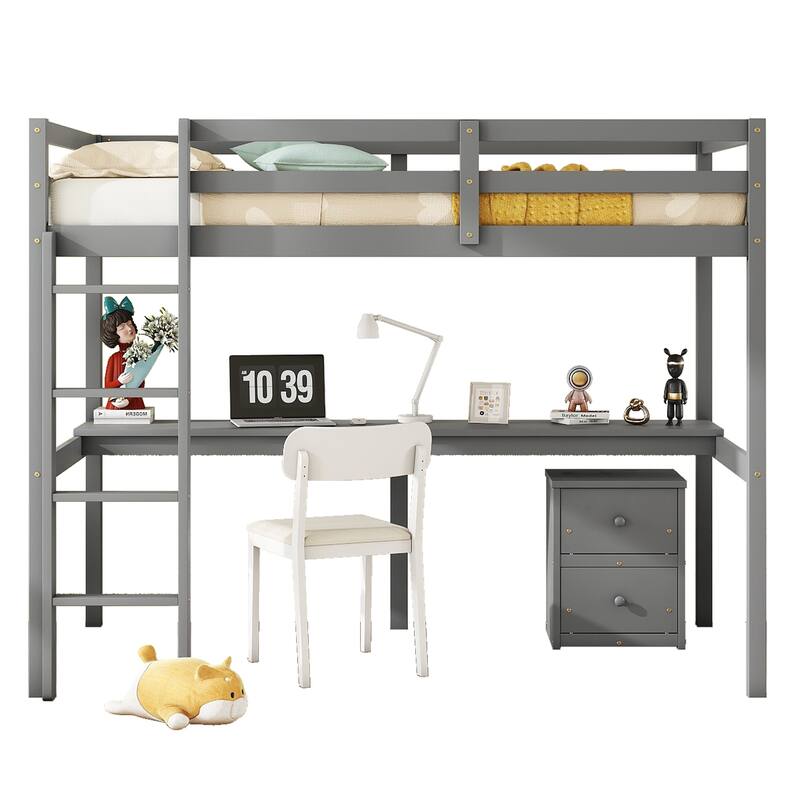 Twin Size Wooden Loft Bed with Desk, 2-Drawer Storage Cabinet, Guardrails, and Wide Ladder