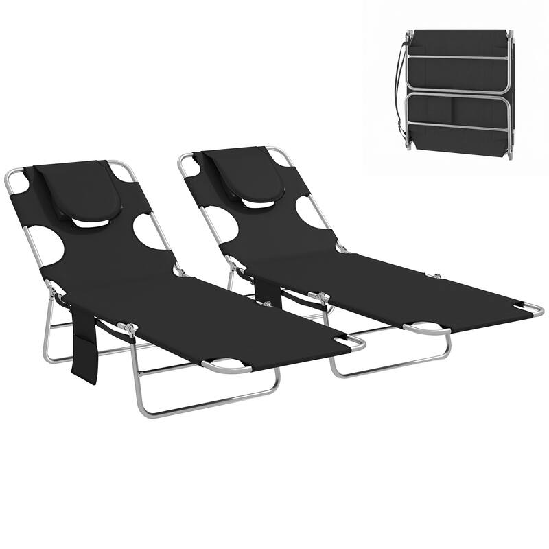 Outsunny Chaise Lounge Chair Outdoor Set of 2 with Face Arm Hole, 5-Position Reclining Face Down Tanning Chair with Carry Strap