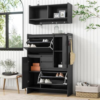 Multi-Functional Shoe Cabinet with Wall Cabinet, 2 Flip Drawers