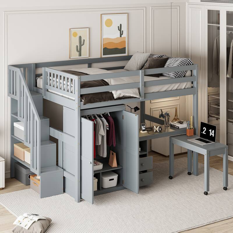 Full Size Loft Bed with Stairs, Bookshelf, Drawers, Desk & Wardrobe - Space-Saving Multifunctional Furniture for Kids & Teens