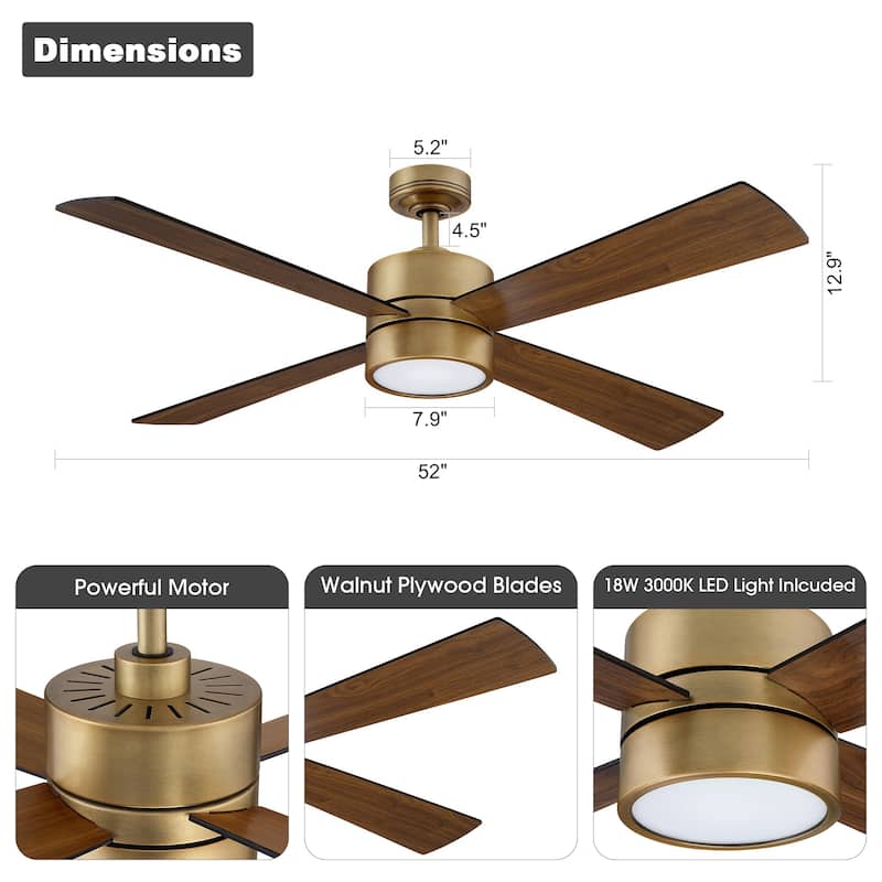 52" Natural Brass Modern Reversible Downrod Mount LED Ceiling Fan with Light and Remote - 52 in. D x 52 in. W x 12.9 in. H