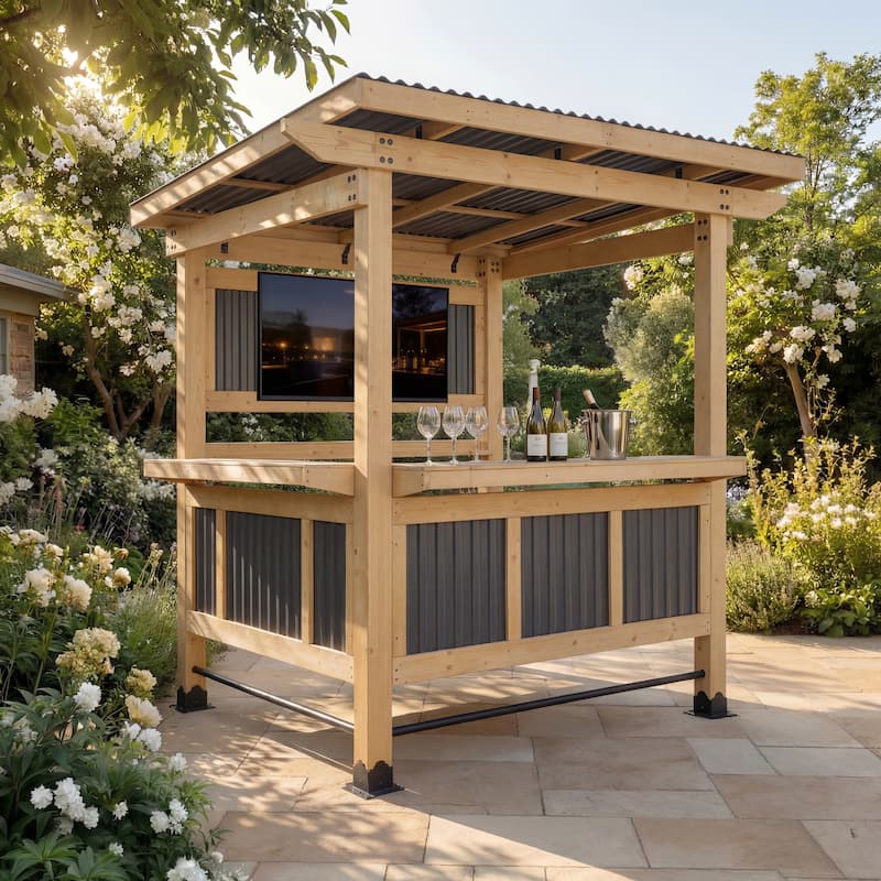 Cedar Wood Outdoor Bar Gazebo with PVC Roof, 85" x 76" Backyard Pavilion with TV Mount, Double Bar Counte