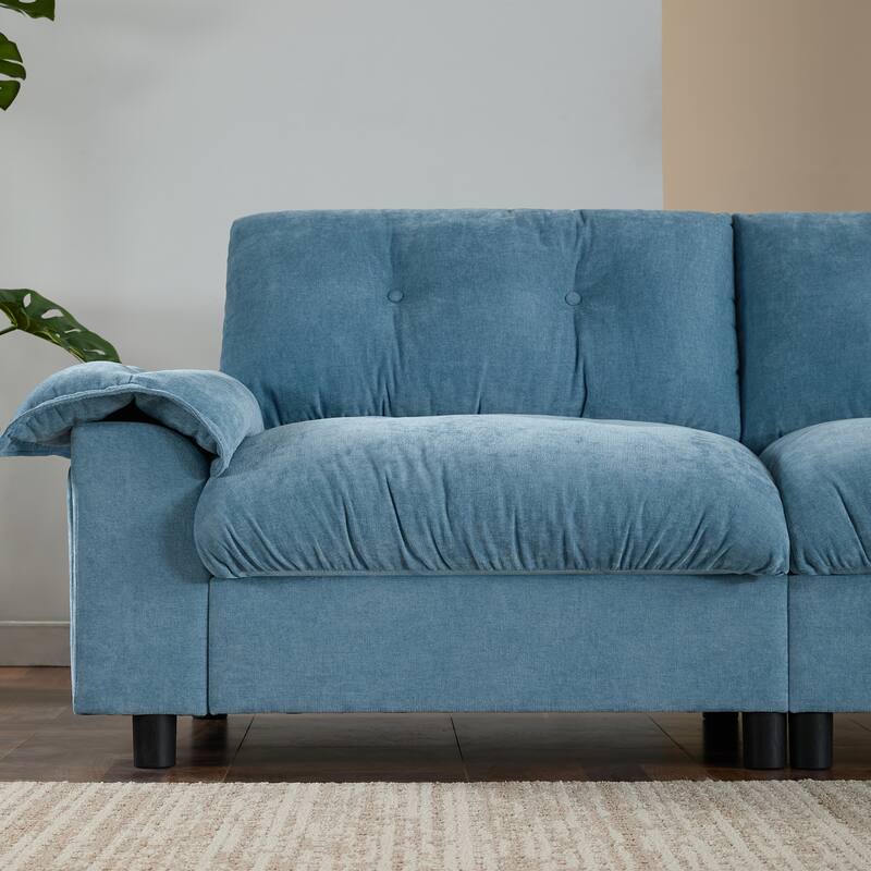 Chenille Tufted L-Shape Sectional Sofa with Storage Ottoman, Pockets and All-in-one Armrest with Dual-Port Charging, Cup Holder