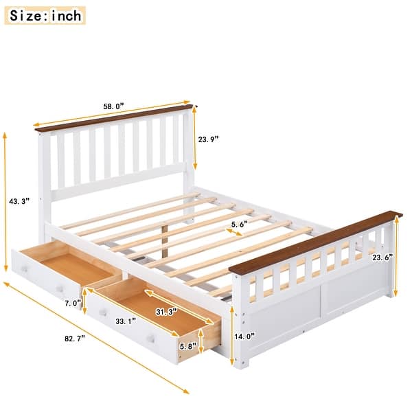 dimension image slide 0 of 2, Full Wood Platform Bed with Drawers - Classic Design with Wooden Slats