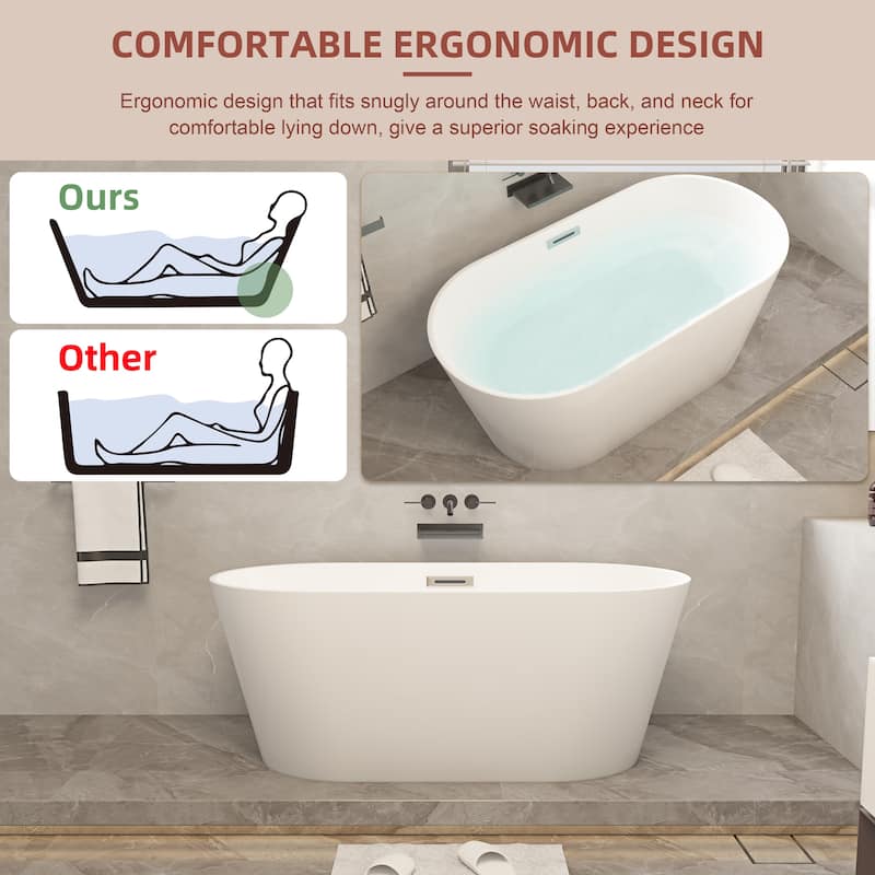 54"/59"/67" Acrylic Freestanding Bathtub, Soaking Bathtubs with Overflow & Pop-up Drain, White Stand Alone Tub