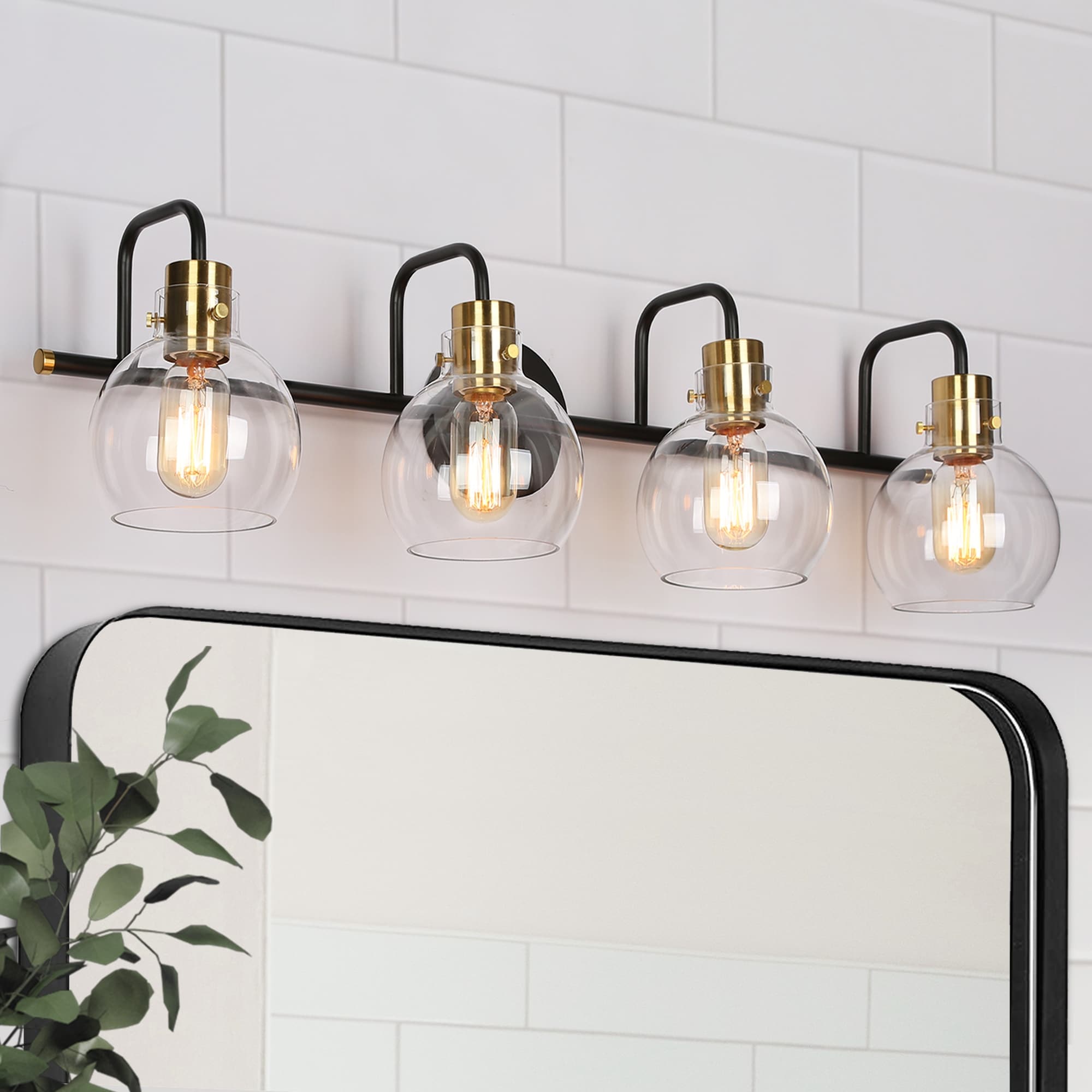 Modern Black Gold 4-Light Linear Bathroom Vanity Lights Globe Glass Wall Sconces - 32" L x 8" W x 8.5" H