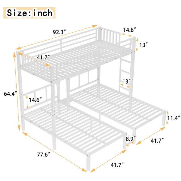 White Metal Triple Bunk Bed, Twin Over Twin & Twin XL Over Twin with Guardrails