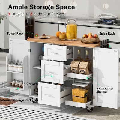 Rolling Kitchen Island with Storage, Rubber Wood Top, 3 Drawer
