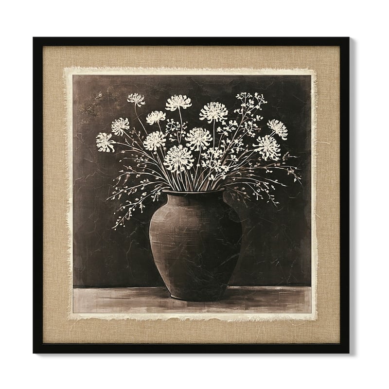 Abstract Flower Bouquet Wall Art, white flower in a rustic clay pot Painting Blossom Picture Prints on Linen for Bedroom