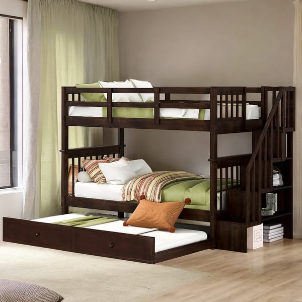 slide 2 of 18, Stylish Stairway Twin-Over-Twin Bunk Bed with Twin size Trundle for Bedroom, Maximized Storage Space, Dorm, Espresso Espresso