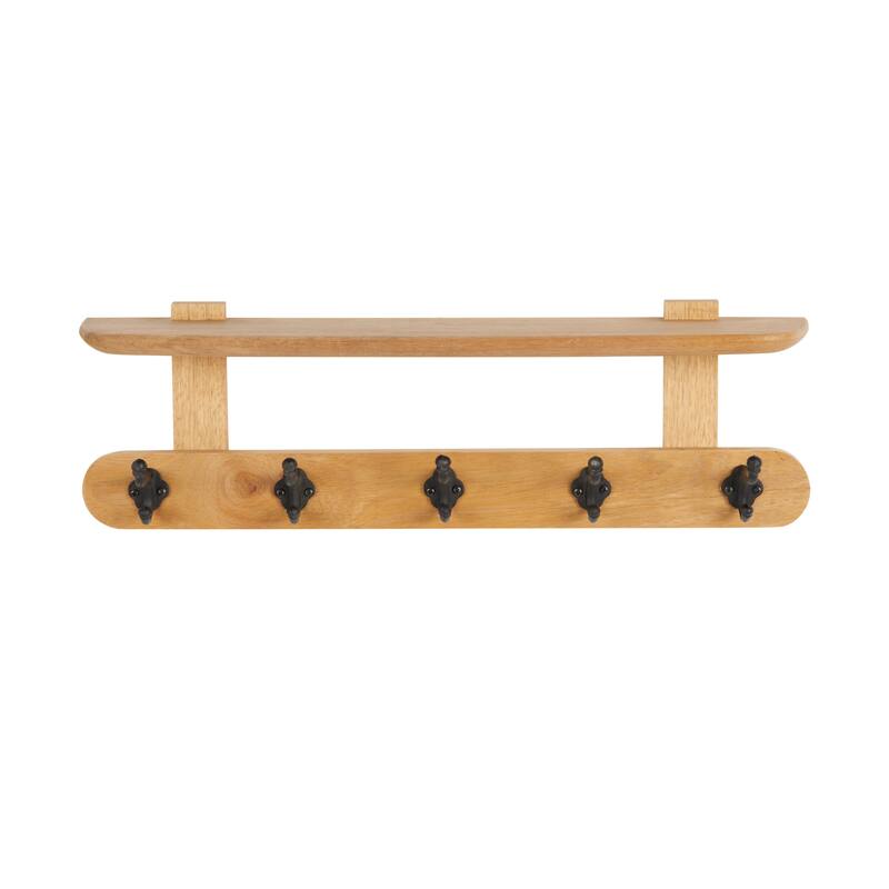 Mango Wood Handmade Single Shelf Wall Hook with 5 Hooks - Brown - Roche River Decor - 6"W x 26"L x 8"H