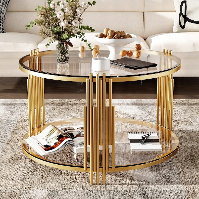Modern Glass Coffee Table in 31.5", Asymmetrical Metal, Circular Metal Drum Base, Gold Finish & Lower Shelf - Transparent
