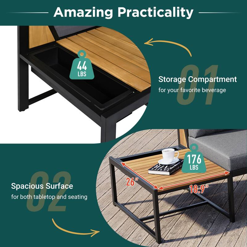 Outdoor 4-Piece Iron Sectional Sofa Set with Coffee Table & Storage Shelf