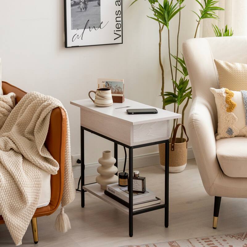 Flip Top Narrow End Table with Storage and Built-In Outlets, Small Side Table