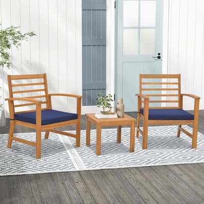 3 PCS Outdoor Furniture Set Acacia Wood Conversation Set with Cushions