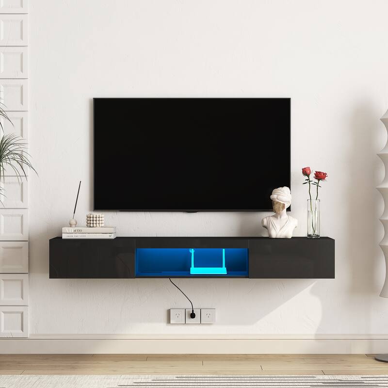 Floating TV Stand Wall Mounted with 16 Color LEDs, 63" Modern TV Stand, Entertainment Center with Open Storage Compartment
