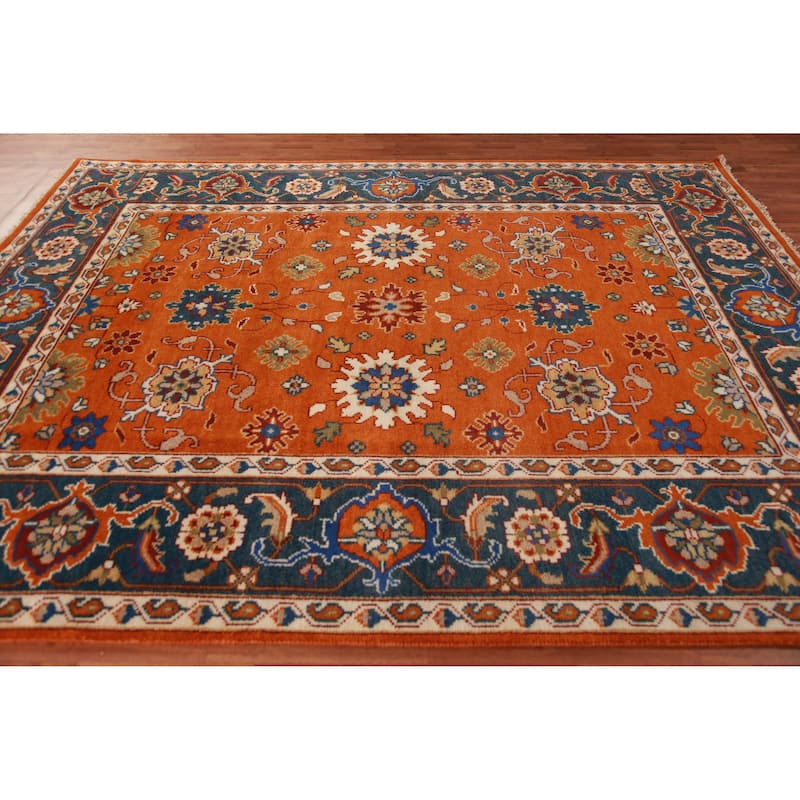 Orange Floral Oushak Indian Area Rug Hand-Knotted Wool Carpet - 7'11" x 9'11"