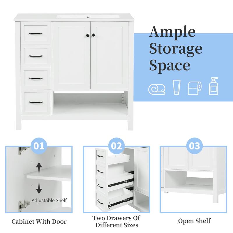 Roomfitters 36" Bathroom Vanity with Sink, Right-Side Basin, Solid Wood Frame, 2 Doors, 2 Drawers & Open Shelf