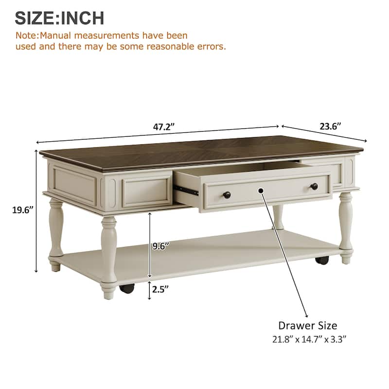Mid-Century Coffee Table with Drawer, Retro Rectangular Cocktail Table with Lockable Wheels, Storage Shelf for Living Room