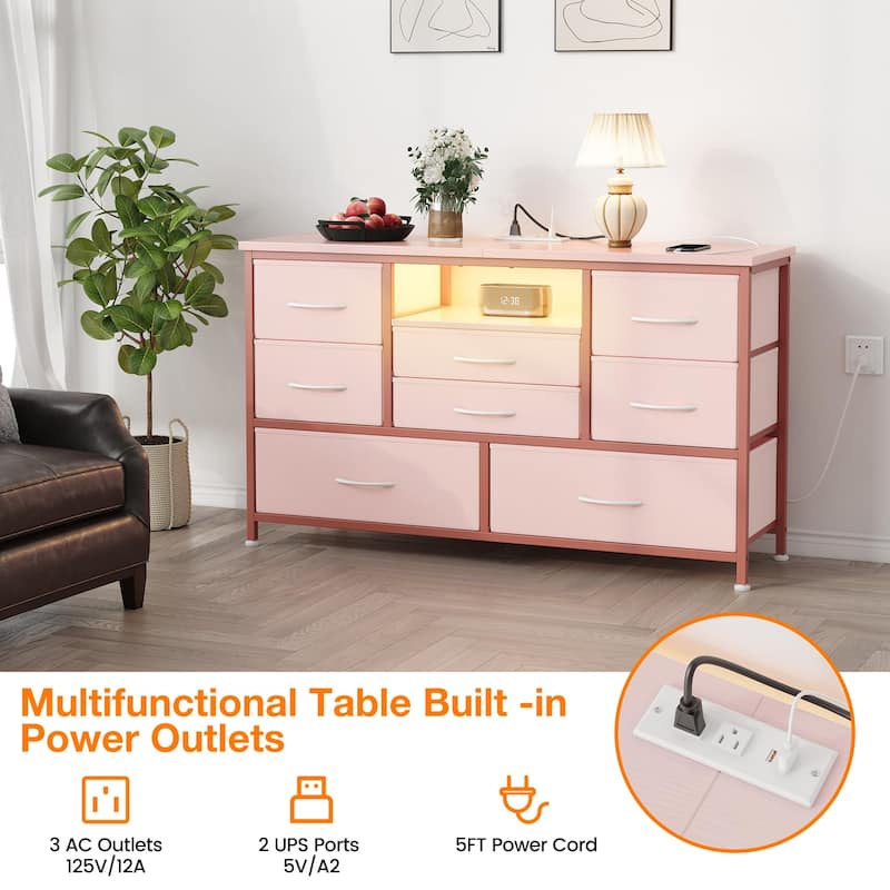 8-Drawer Fabric TV Stand with LED Lights & Built-in Power Outlets