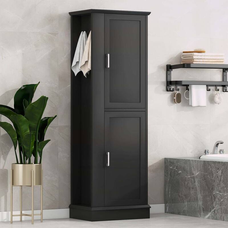 Tall Freestanding Bathroom Storage Cabinet with Adjustable Shelves,Hooks,and Anti-Toppling Device - Black