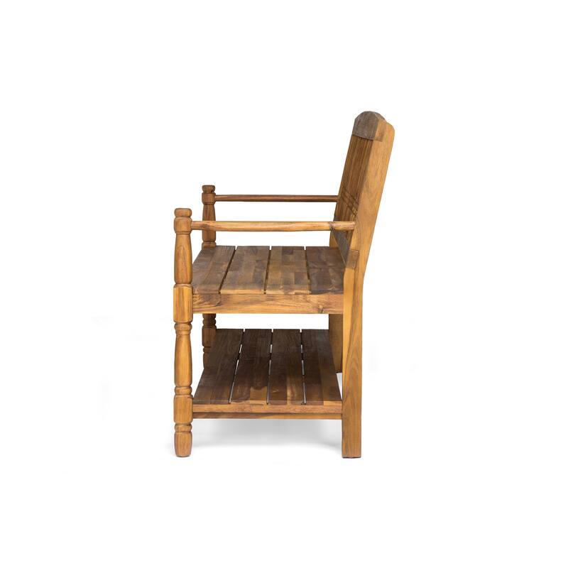 Roomfitters Wooden Outdoor Patio Bench with Slatted Backrest, Armrests, and Storage Shelf