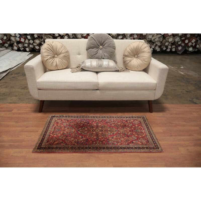 Hand Knotted Oriental 100% Wool Carpet Traditional Floral Red Sarouk Area Rug - 3' 11'' X 2' 2''